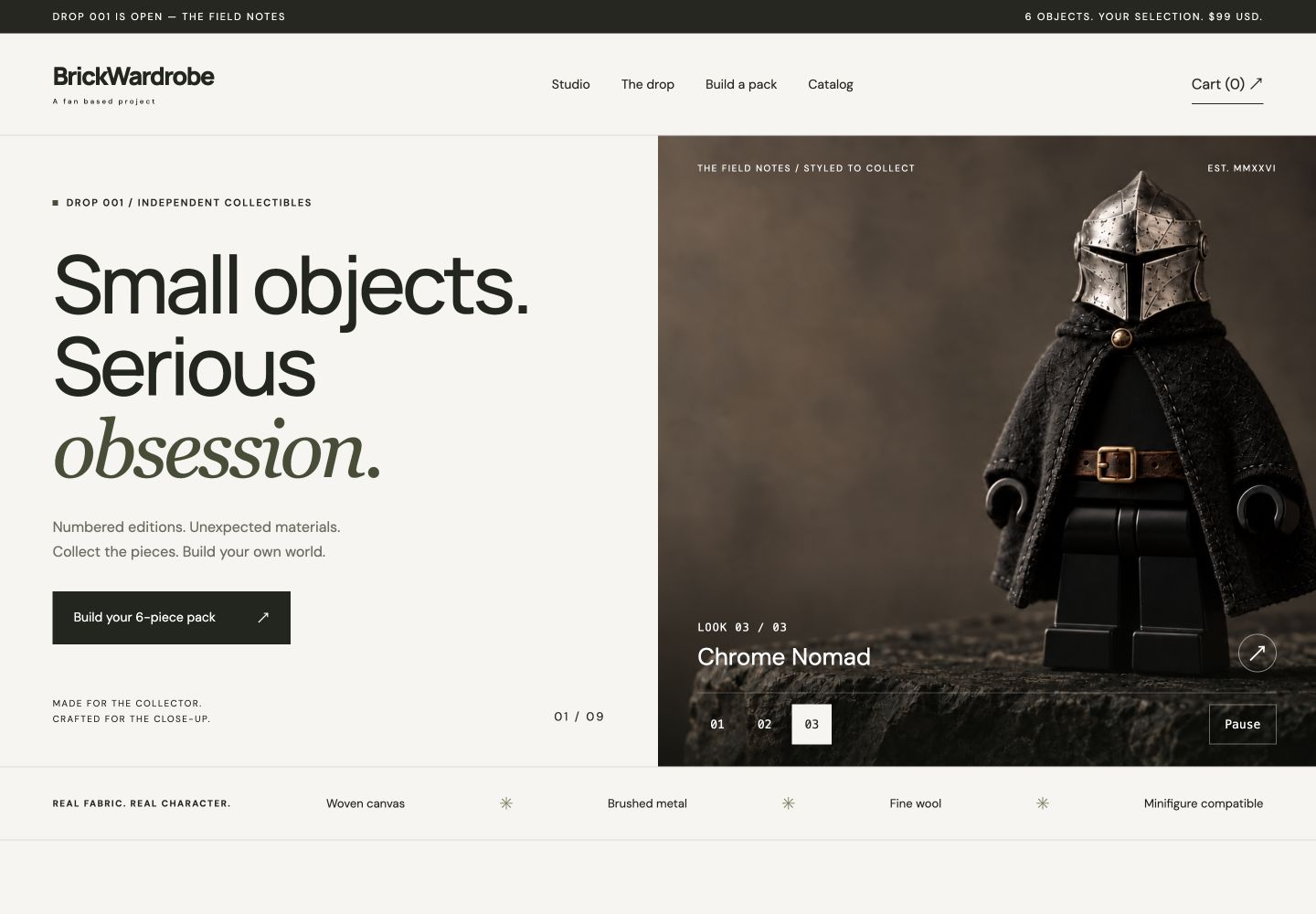 BrickWardrobe's homepage with Small objects. Serious obsession. and an armoured minifigure
